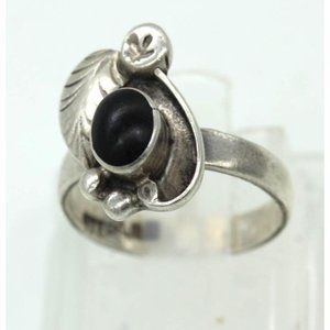 925 STERLING Native American onyx feather vintage ring 3.4 gram Sz 4.25  sign RL